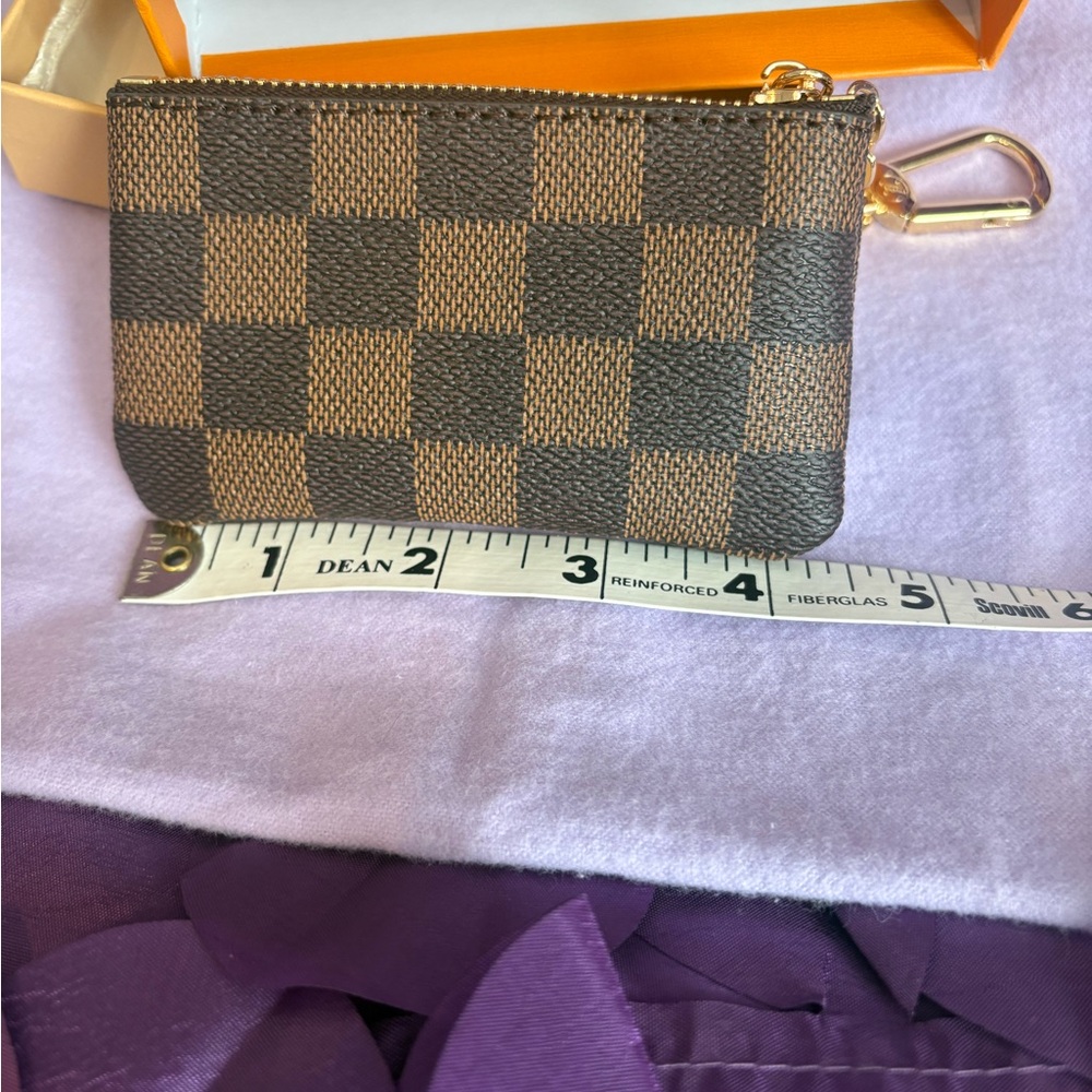 Black checkered Leather Coin Pouch with Gold Zipper